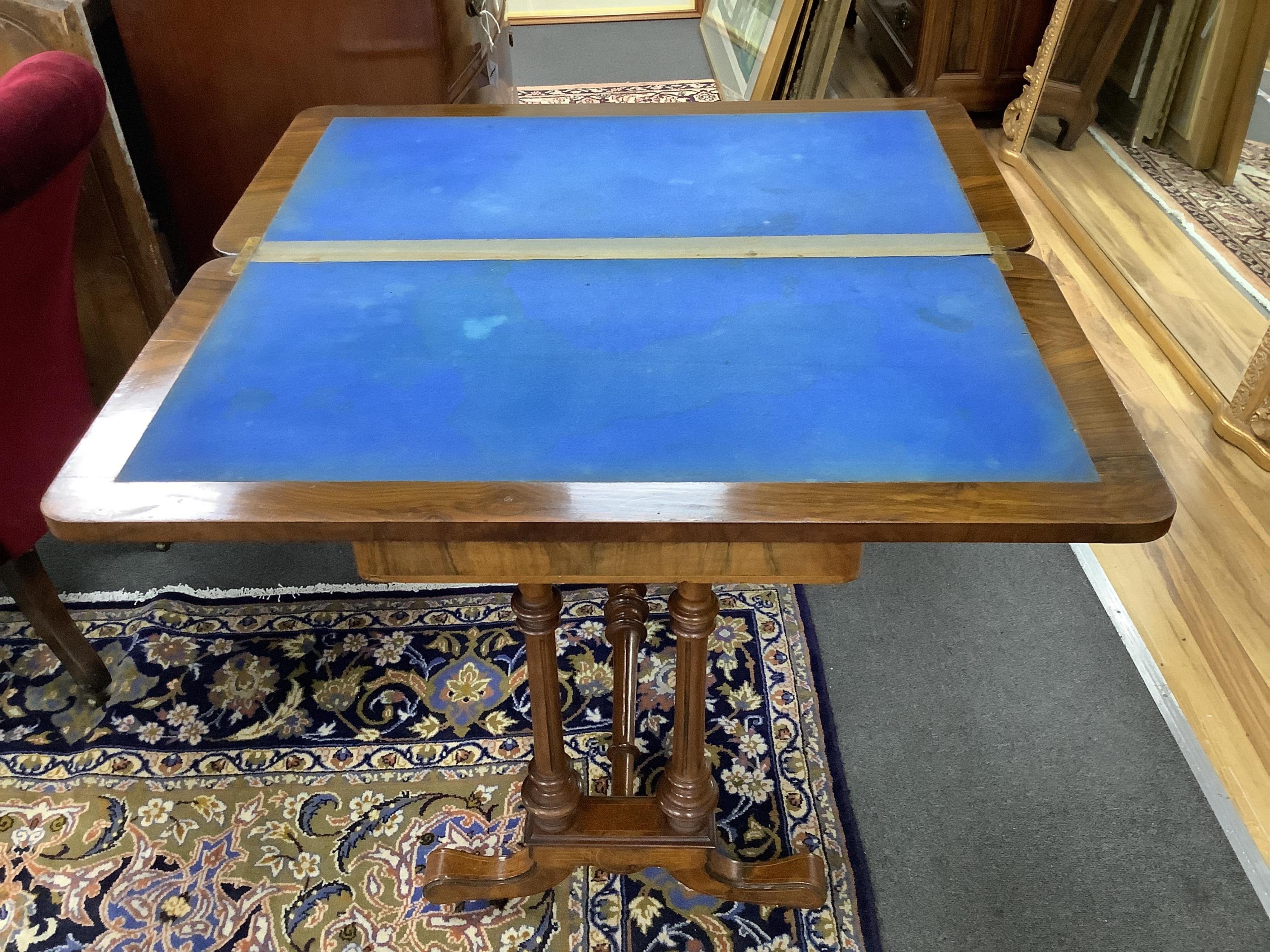 A Victorian walnut card table, width 91cm, depth 45cm, height 71cm. Condition - fair